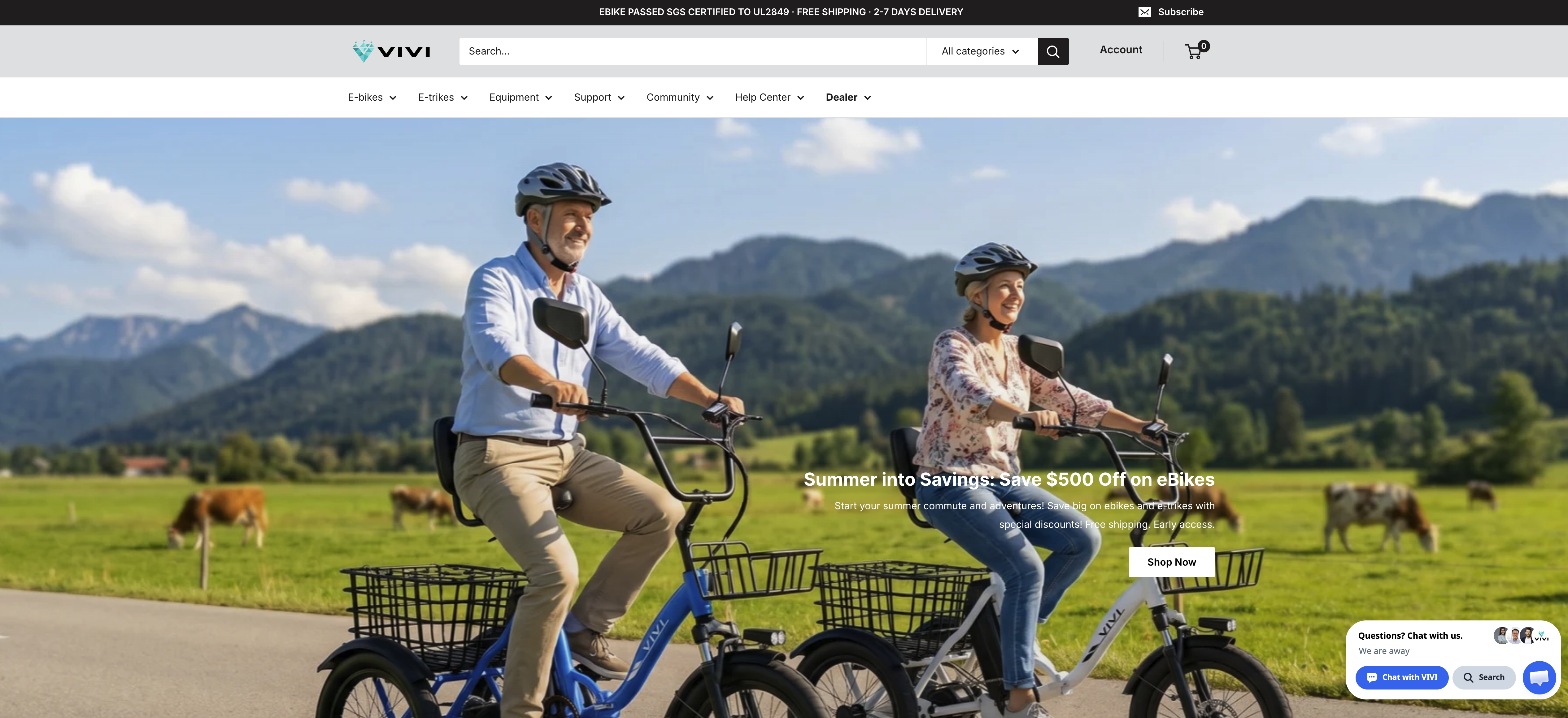 Screenshot of the Vivi Ebike (US) website