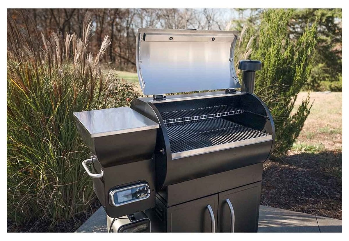 Grilla Grills Silverbac 2.0 pellet grill with the lid open on a patio
