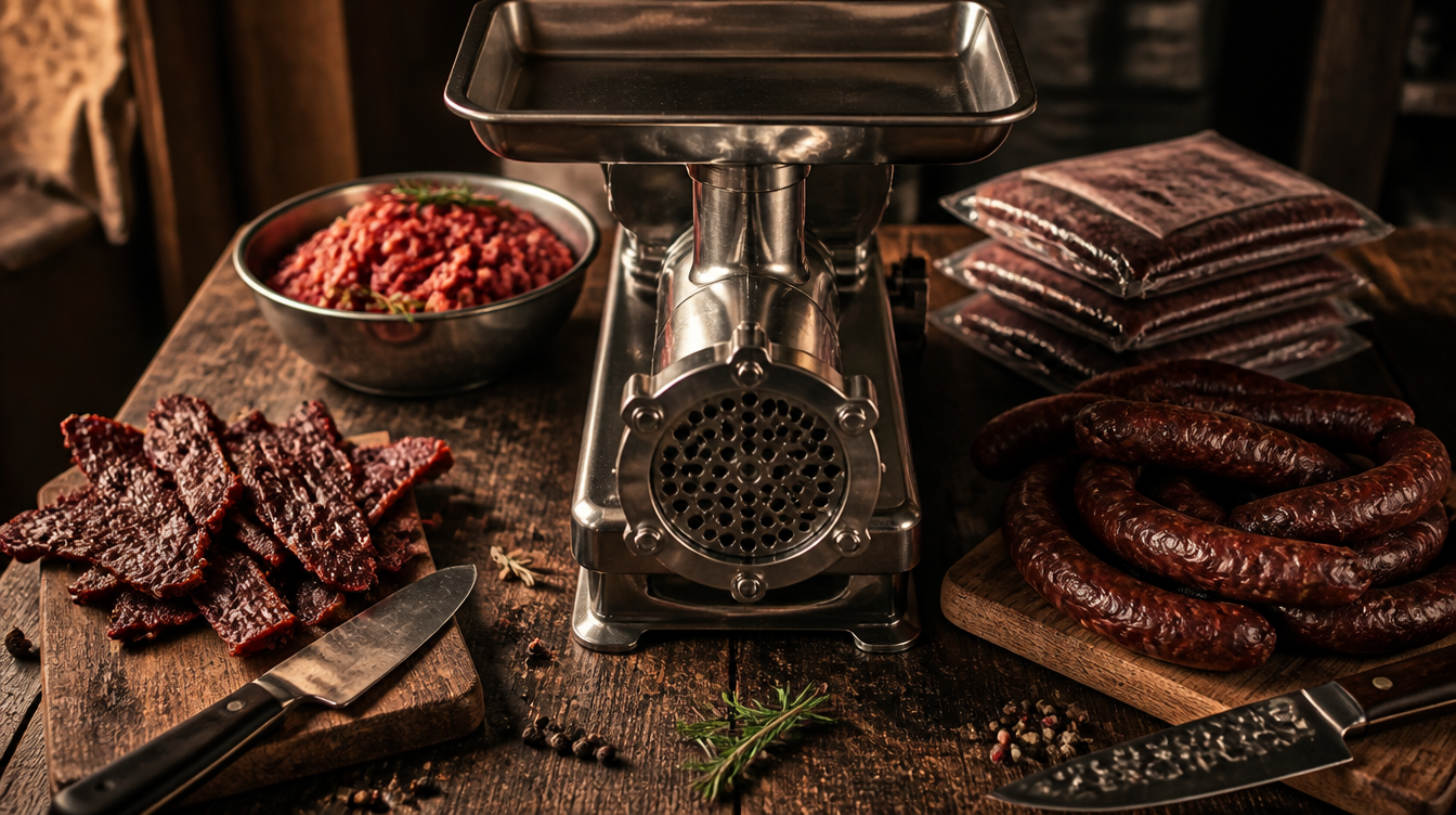 The 10 Best Meat Grinders for Deer Hunters 2026 — grinder with venison, sausage, and jerky on a butcher block