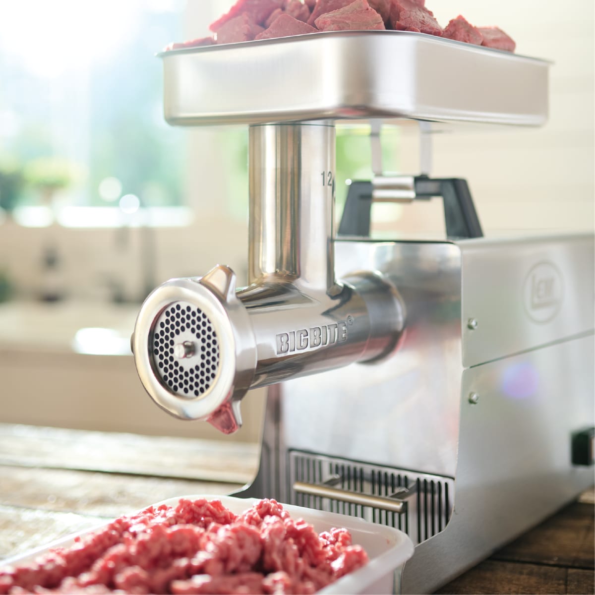 LEM BigBite #12 meat grinder with ground meat