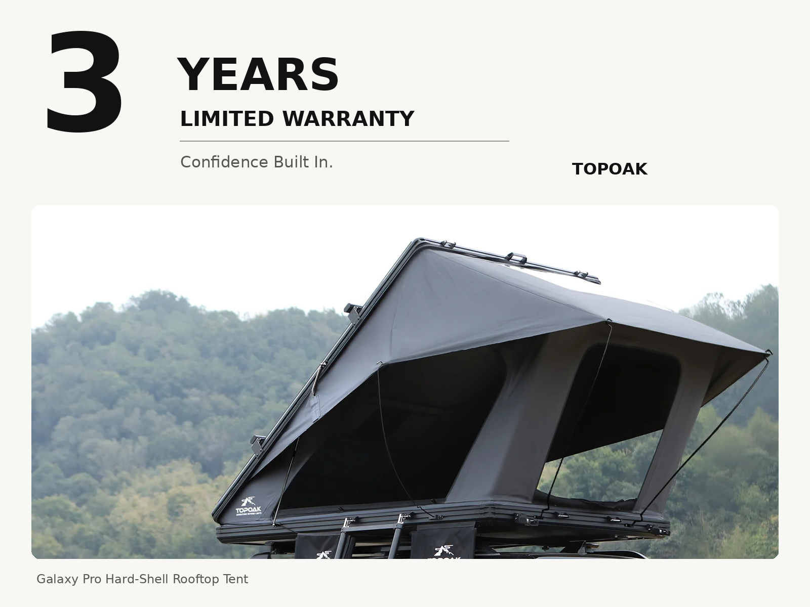 Galaxy Pro rooftop tent shown fully deployed with a 3-year warranty badge