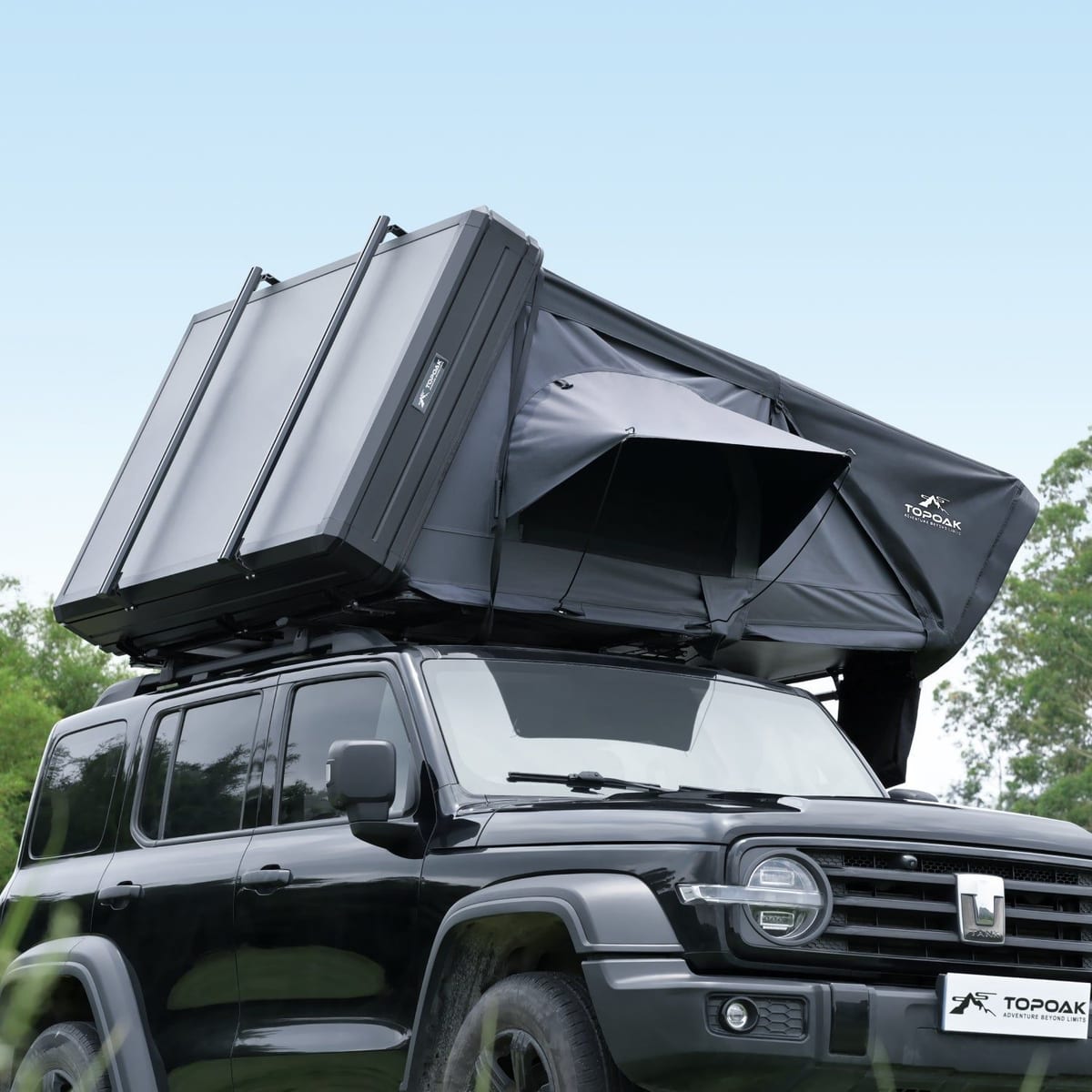 Topoak Vision fold-out rooftop tent open on an SUV