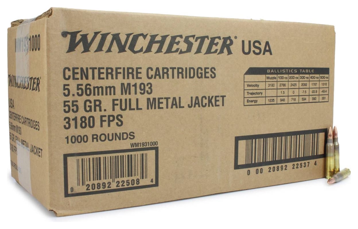 Winchester USA 5.56mm M193 55 grain FMJ 1000 round bulk case WM1931000