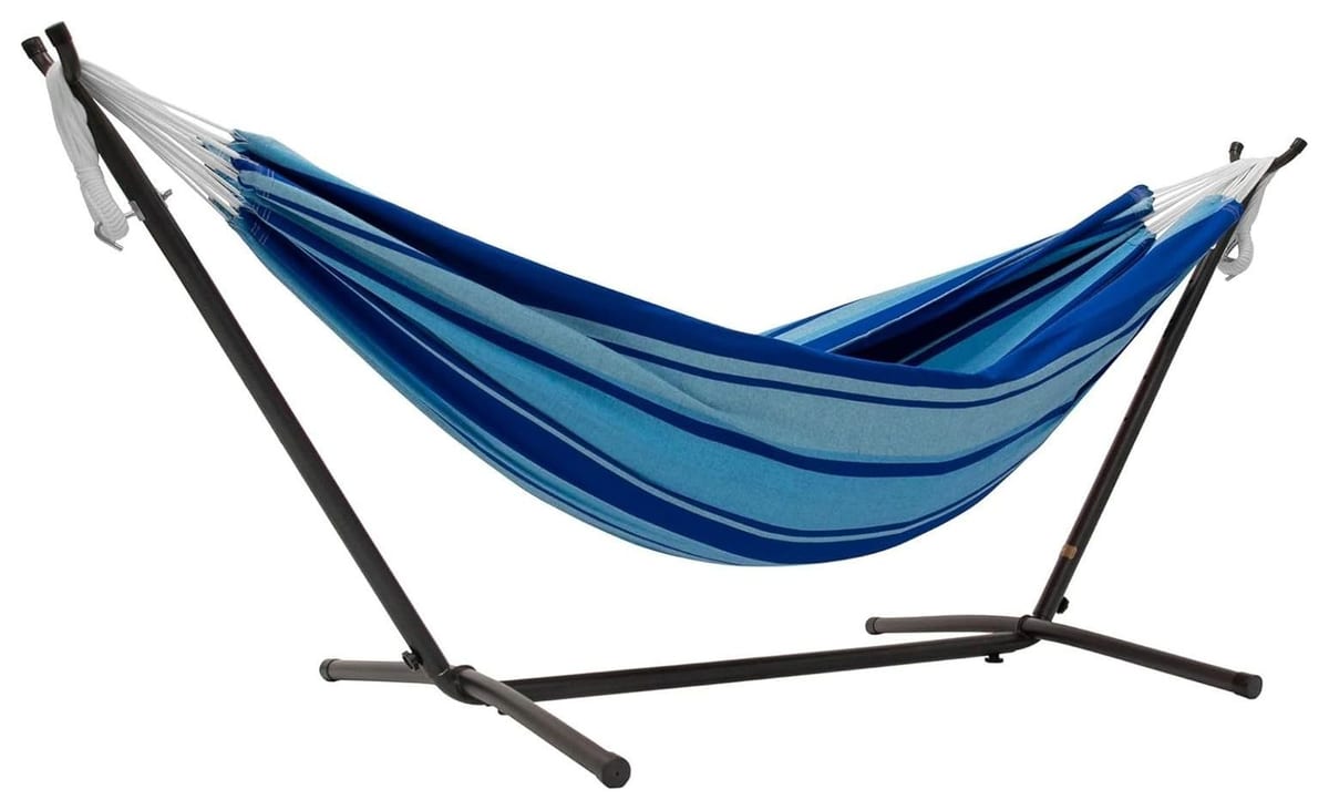 Vivere Double Cotton Hammock with Space Saving Steel Stand camping hammock