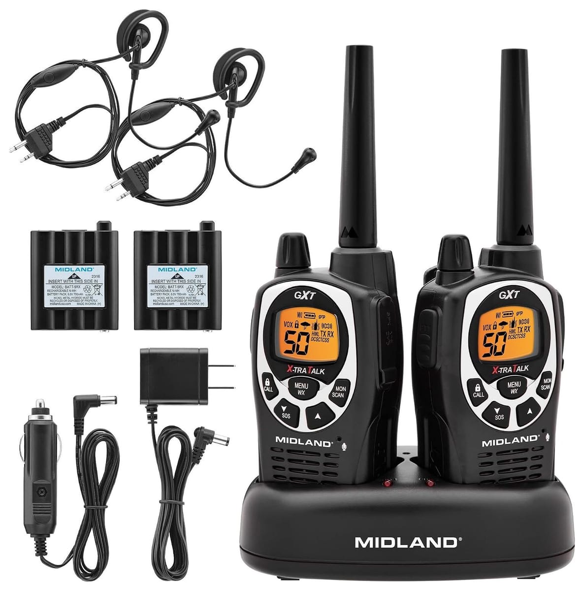 Midland GXT1000VP4 GMRS two-way radios 2-pack with charger and headsets