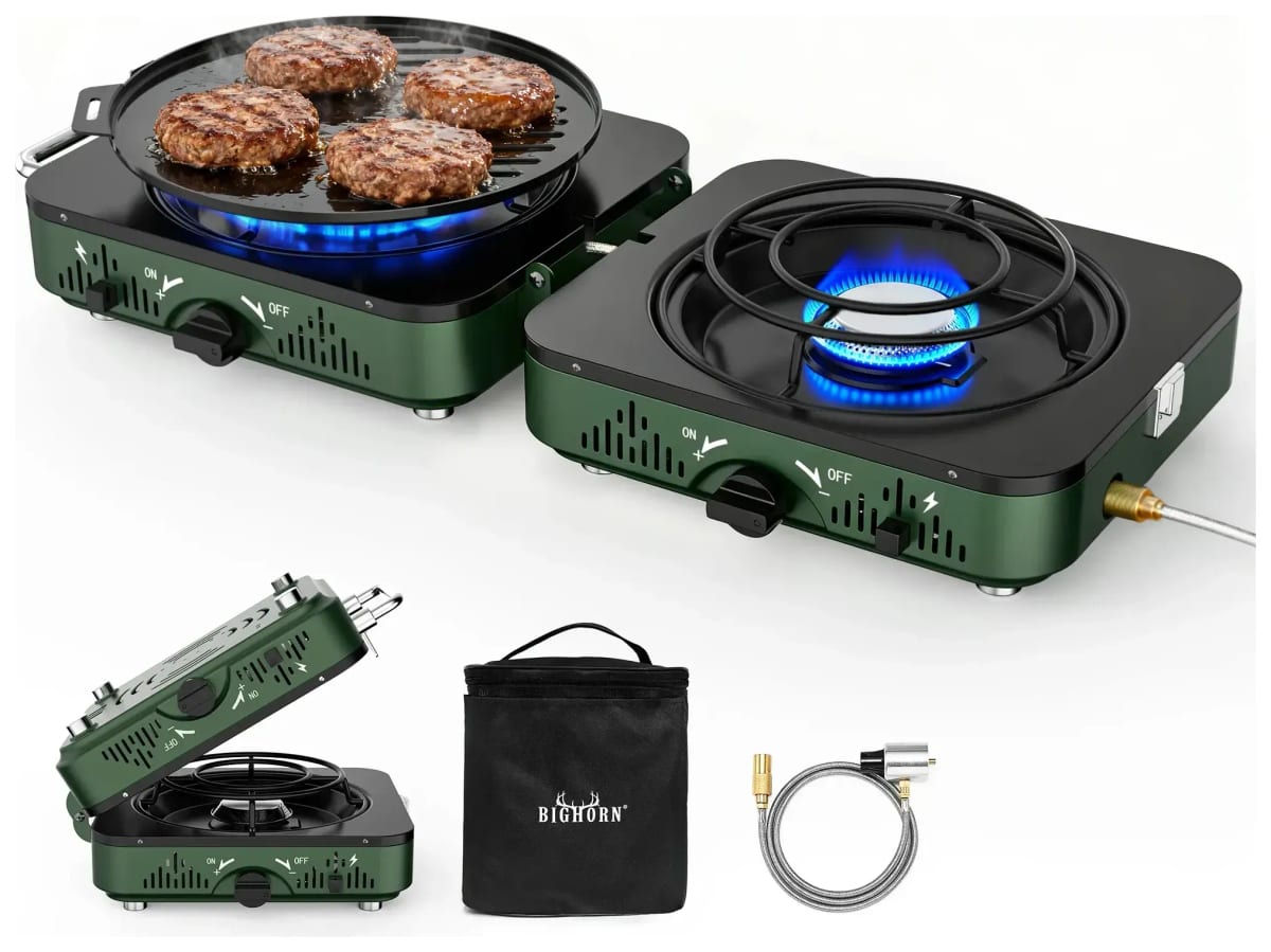 Big Horn Outdoors portable 2-burner propane camping stove with griddle