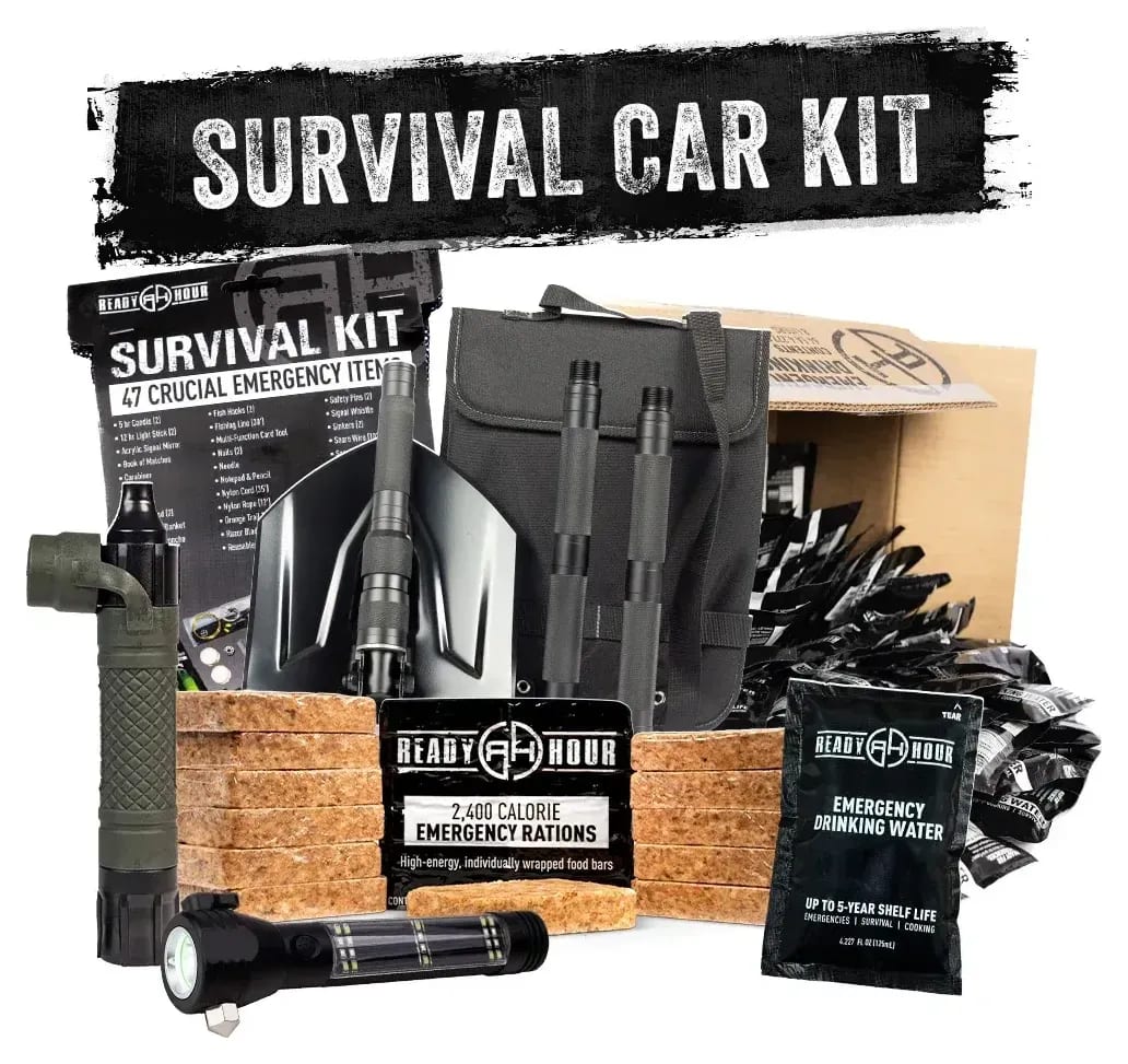 My Patriot Supply Survival Car Kit with folding shovel, water pouches, ration bars, water filter and flashlight