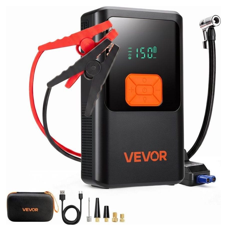 VEVOR jump starter with air compressor 4000A with clamps, air hose, nozzles and case