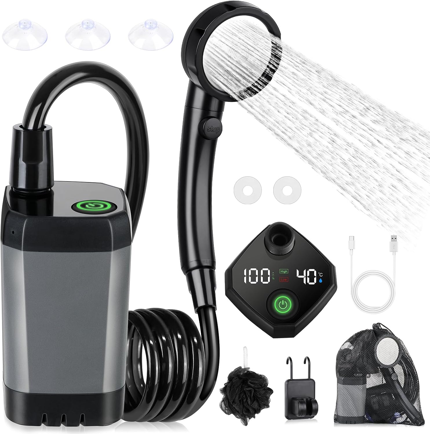 Portable Camping Shower with 6000mAh Rechargeable Pump