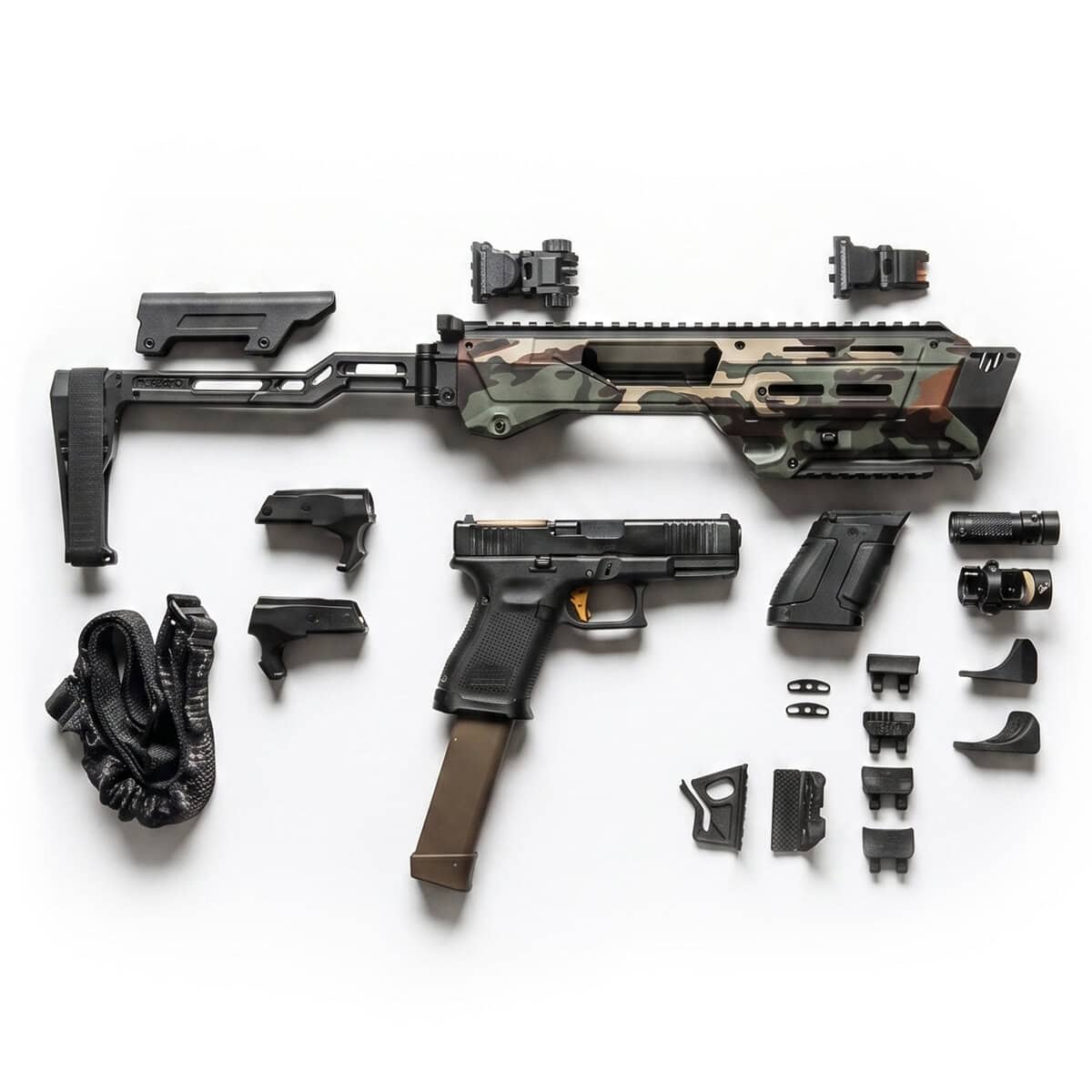 Meta Tactical MX-1 laid out with every Ultimate Upgrade Kit part: pop-up sights, sling, flashlight, spare-magazine grip, thumb rests and cheek rest